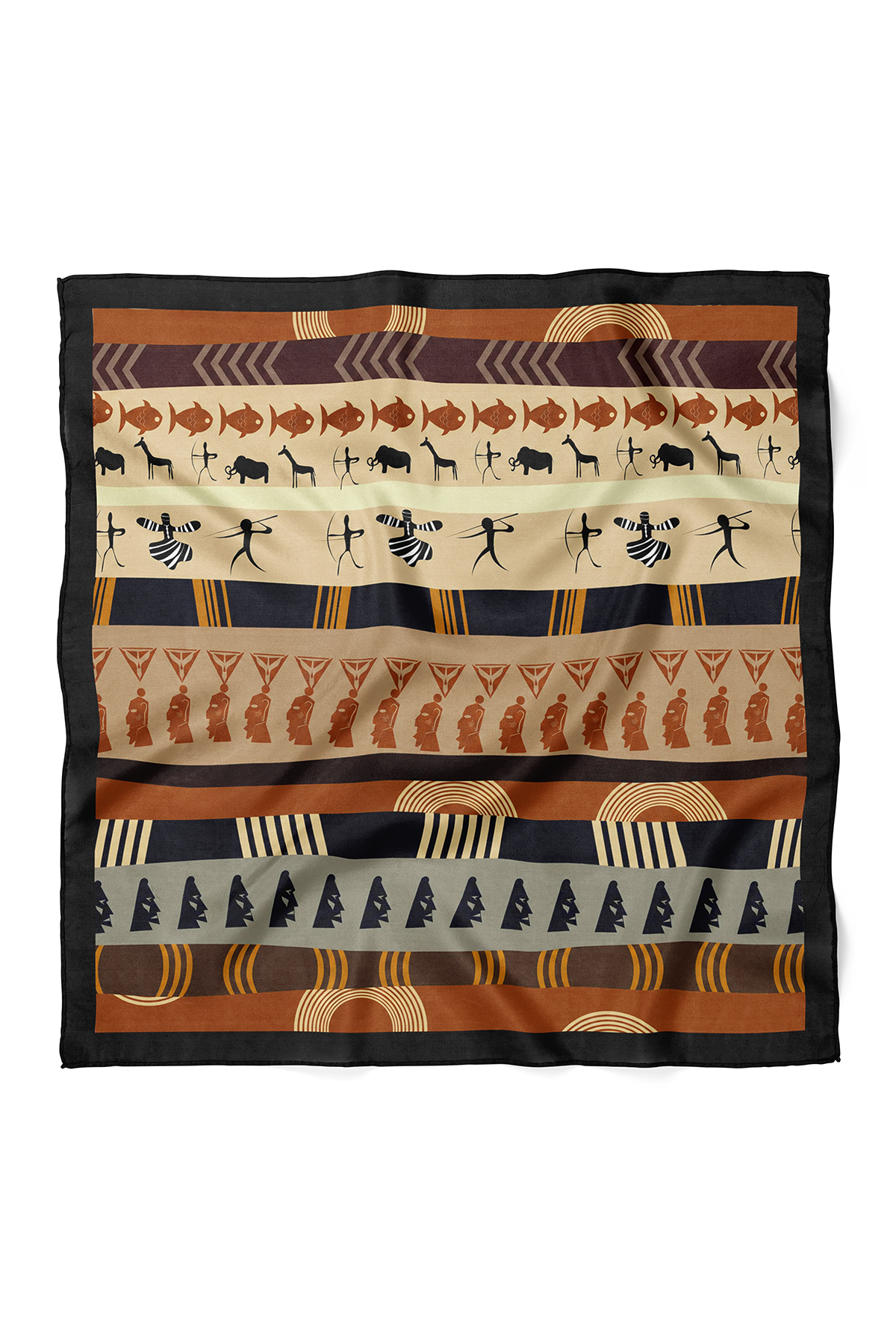Afrika Figürlü Çizgili Desenli Fular Bandana 50x50 cm – Günlük Kombin Fuları