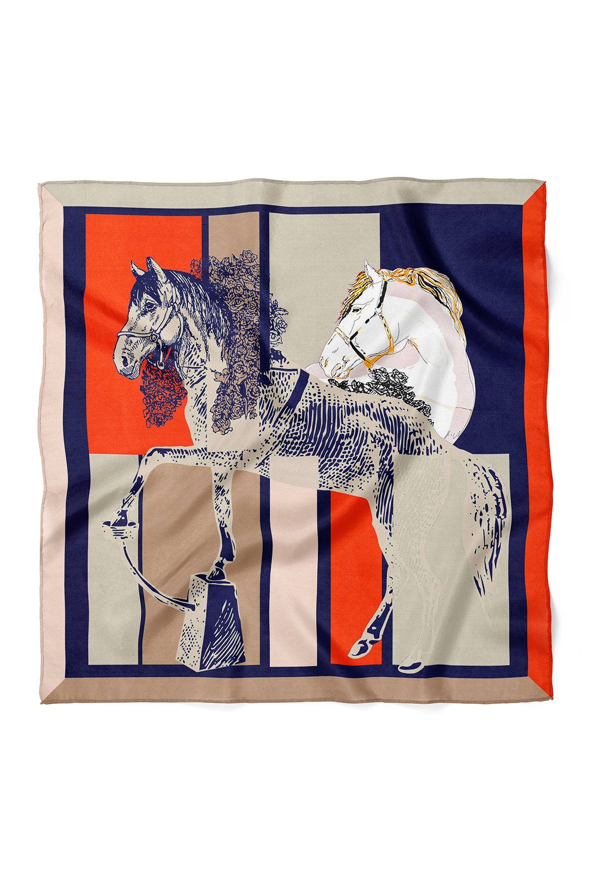 At Figürlü Modern Desenli Fular Bandana 50x50 cm – Çok Amaçlı Bandana