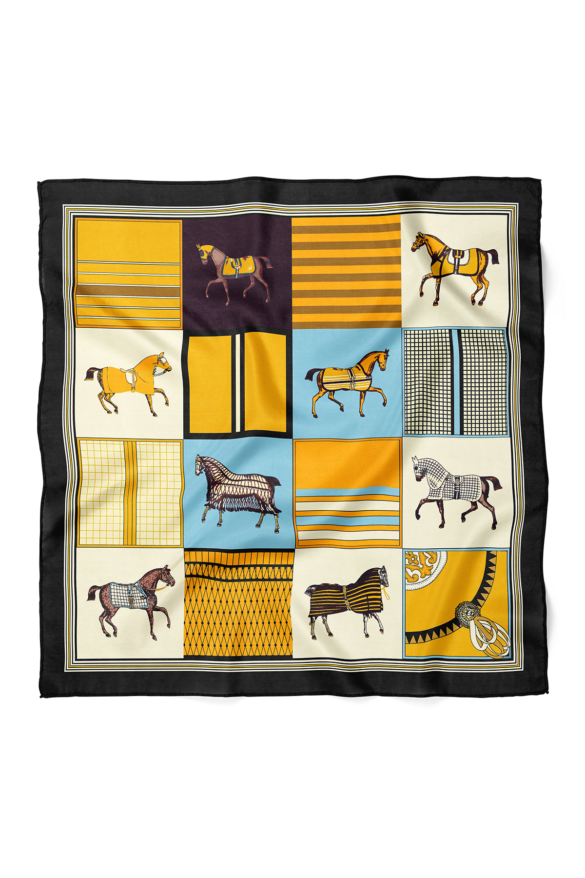 At Figürlü Geometrik Desenli Fular Bandana 50x50 cm – Şık Kare Fular
