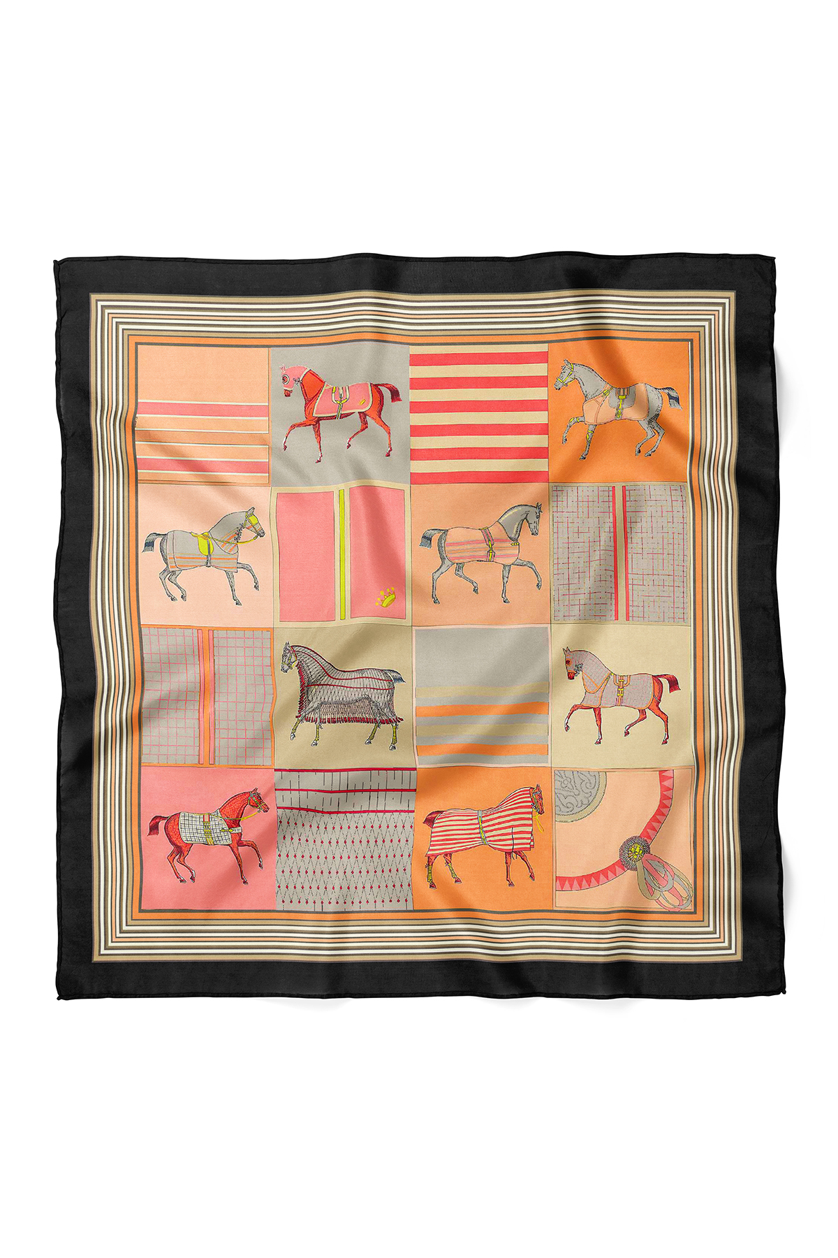 At Figürlü Patchwork Desenli Fular Bandana 70x70 cm – Yumuşak Dokulu Kare Fular - Görsel 2