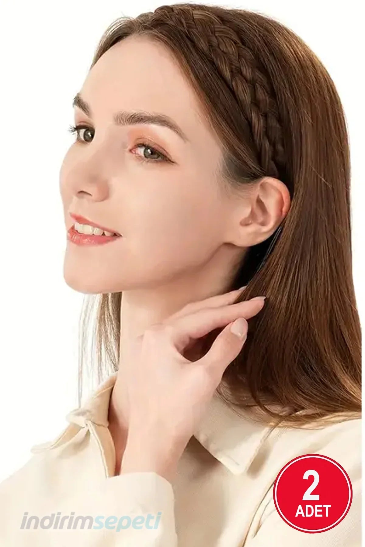 Örgülü Lastikli Saç Bandı Saç Aksesuar Hairband Kahverengi 2 Adet - Görsel 2