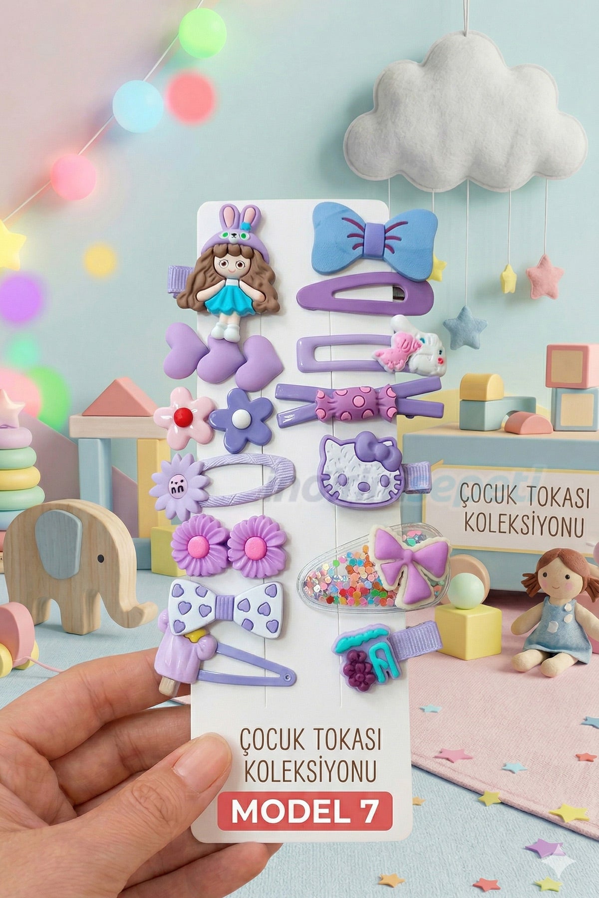 Toka Çocuk Tokası Koleksiyonu - Sevimli Figürlü 14 Parça Lüks Hediye Seti - Yeşil Sarı Kahve Mavi ve Pastel Tonlar - Görsel 2
