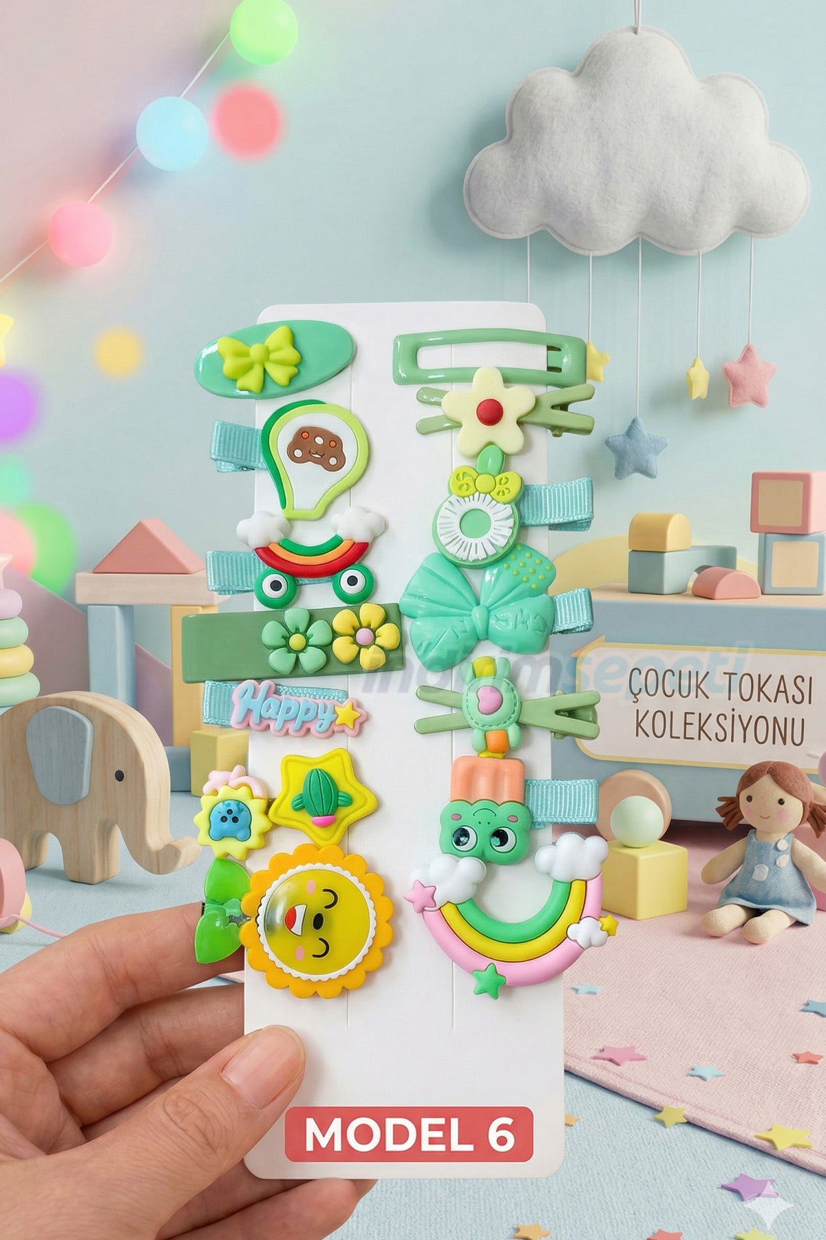 Toka Çocuk Tokası Koleksiyonu - Sevimli Figürlü 14 Parça Lüks Hediye Seti - Yeşil Sarı Kahve Mavi ve Pastel Tonlar