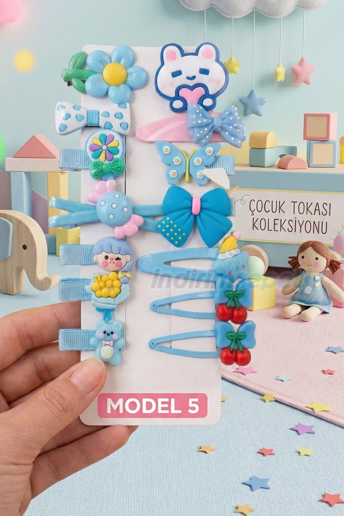 14 Parçalı Çocuk Toka Seti - Mavi Kelebek, Çift Kiraz, Lolipop ve Kalp Tutan Tavşan Figürlü Model 5 - Görsel 2