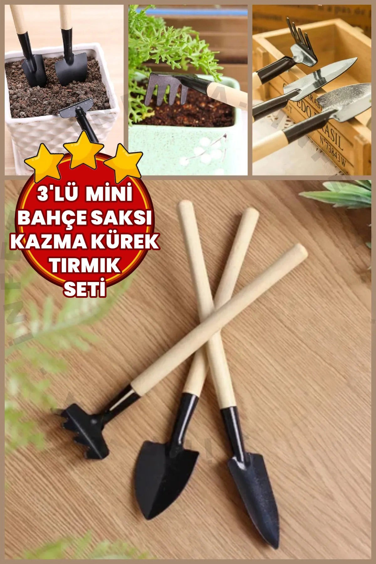 3'lü Metal Uclu Bahçe Seti Tırmık Çapa Kürek Mini Bahçe Seti Şık Tasarım Saksı Bakım Seti