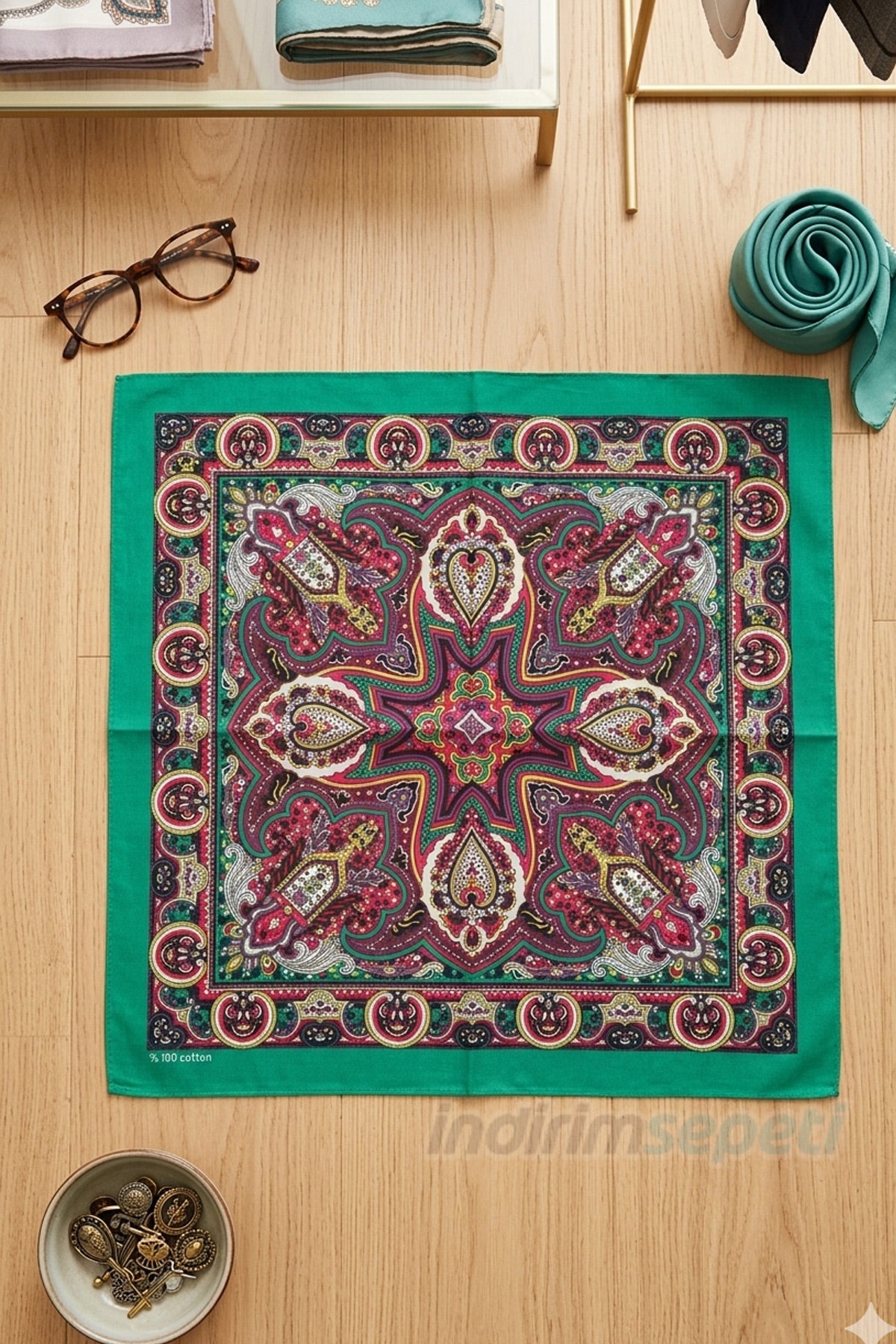 Etnik Desenli Pamuklu Bandana | 52x52 cm Geleneksel Desenli Sokak Stili Unisex Bandana - Görsel 2
