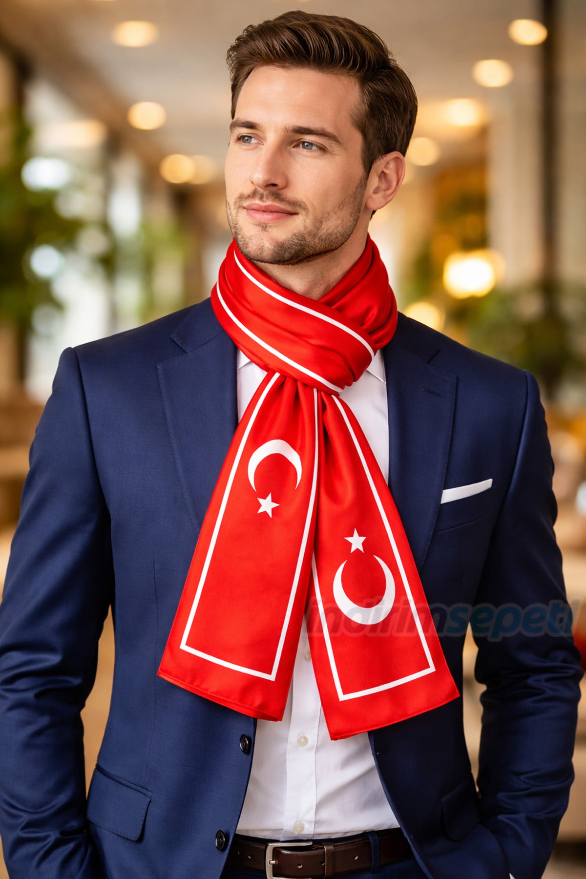 Ay Yıldızlı Desen Premium Saten Fular – 30x130 cm | Resmi Organizasyon Kurumsal Tören Stil