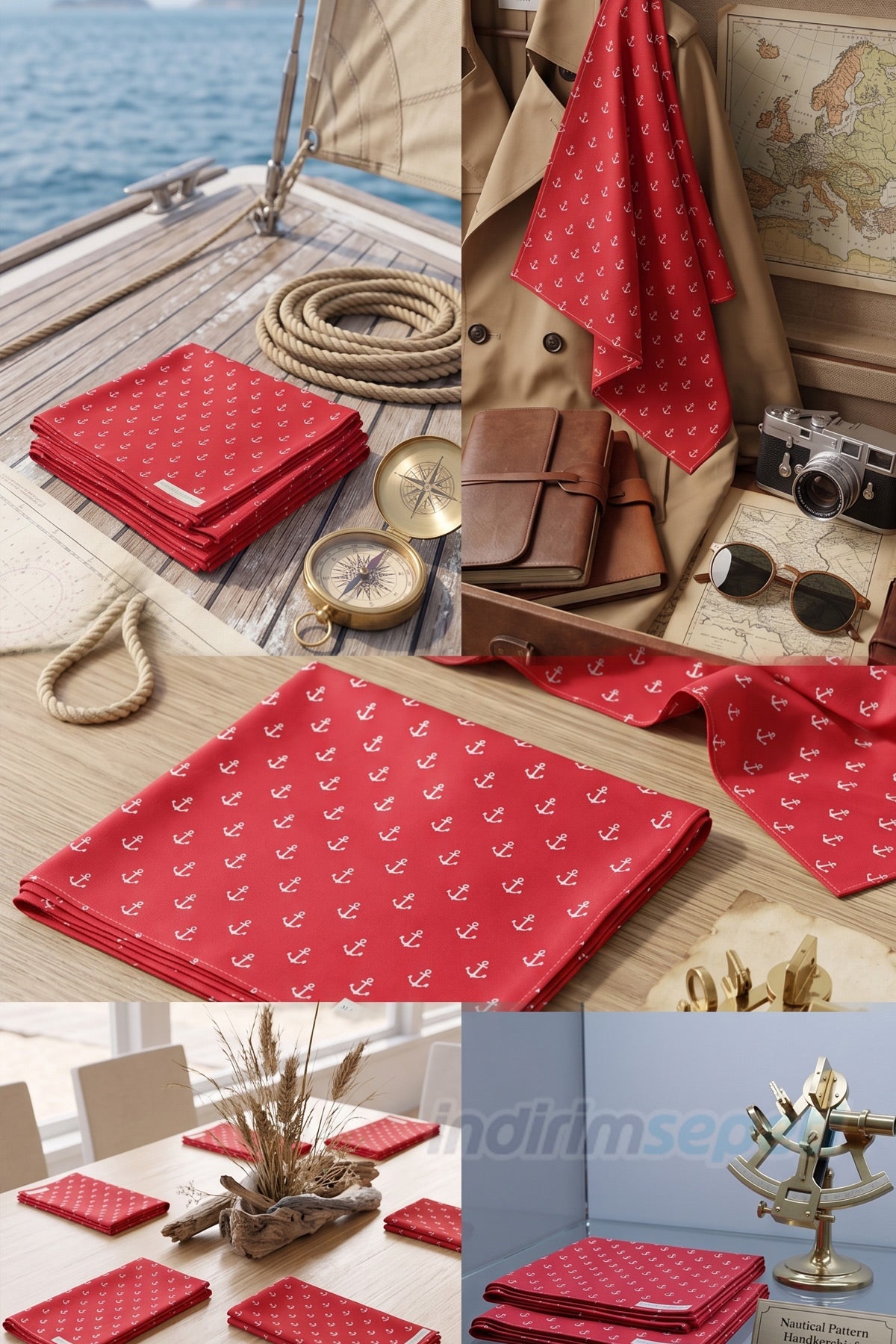 Kırmızı Çapa Desenli Pamuklu Bandana 50x56 cm – Denizci Tarzı Unisex Saç & Boyun Aksesuarı