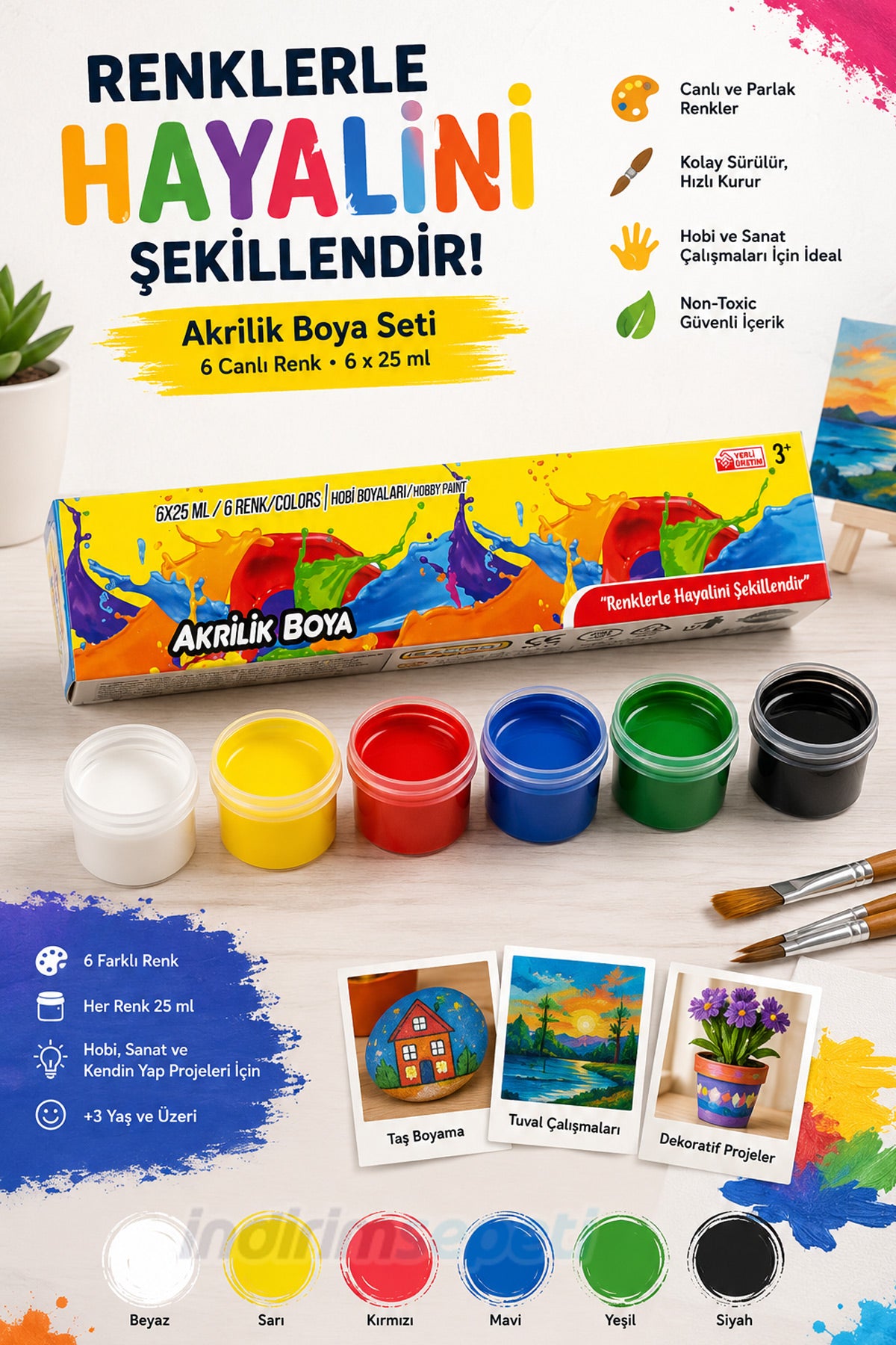 6 Renk Akrilik Boya Seti 6x25 ml Çocuklar İçin Hobi ve Resim Boyası - 2