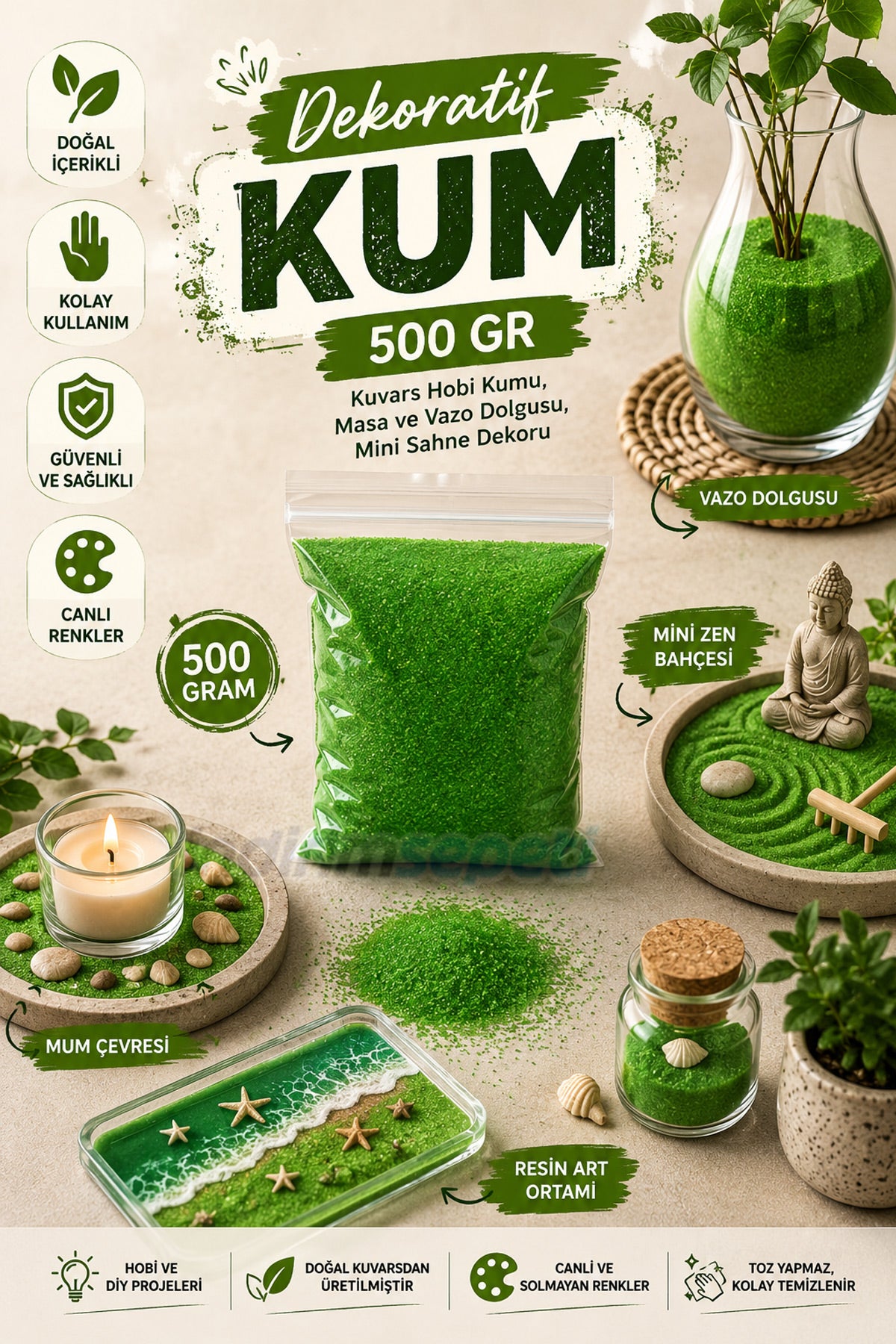 Yeşil Renk Kum Boyama Malzemesi 500 Gr |  Kum Resim Sanatı Resim Art Kum, Yüksek Kalite Dekoratif Kum