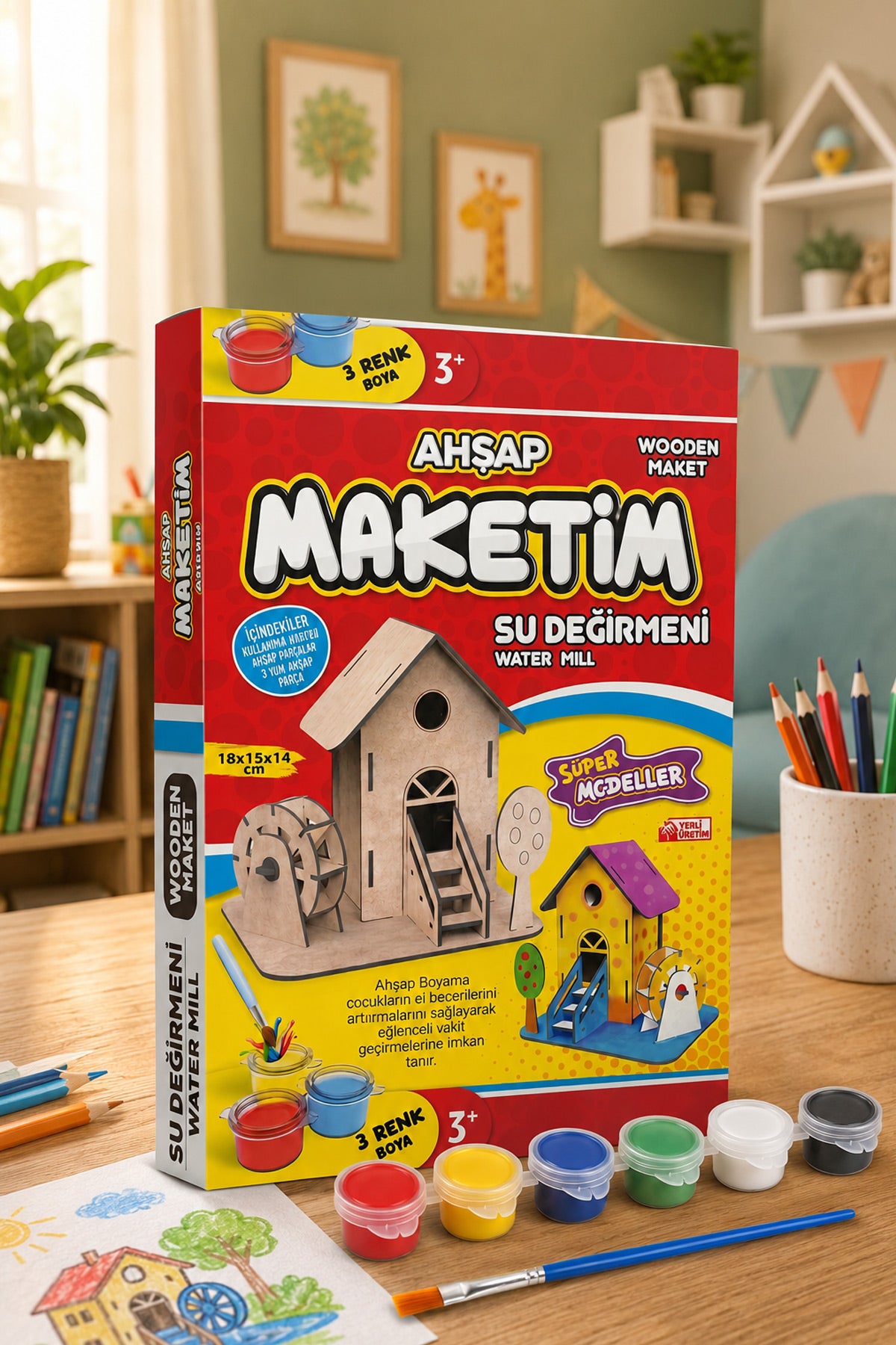 Ahşap Maket Boyama Seti Su Değirmeni | 2 Adet 6’lı 3 ml Boya Kutusu ve Fırçalı Çocuk Etkinlik Seti - Görsel 2