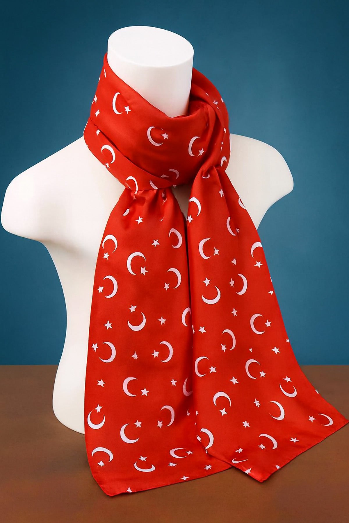 Kırmızı Ay-Yıldız Saten Fular | 30x130 cm Premium Parlak Kumaş Çoklu Ay yıldız Fular Saten