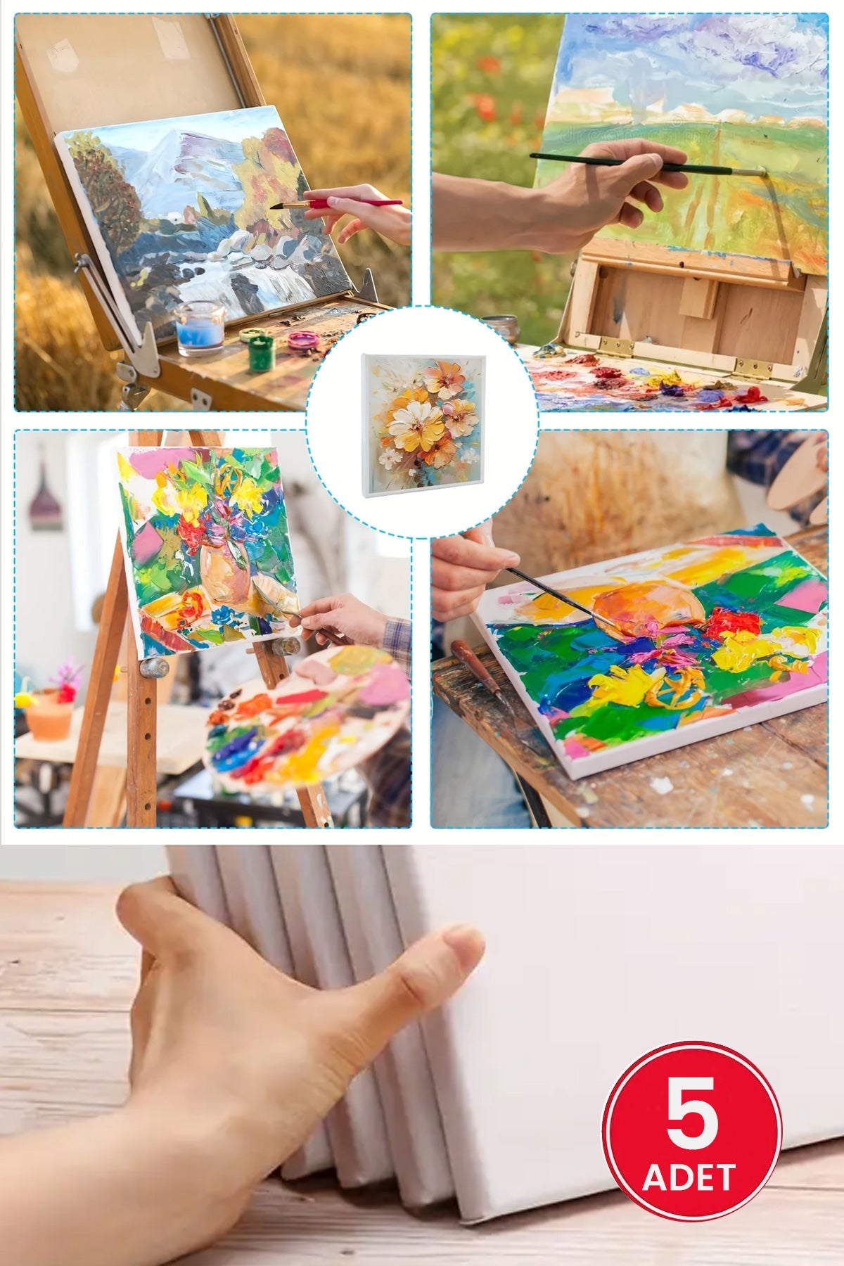 Çocuk Ressam Tuval, 20 x 20 cm, Boyama Seti Tuvali, 5 adet Esnek Tuval Beyaz Astarlı, Akrilik & Yağlıboya için İdeal, Başlangıçtan