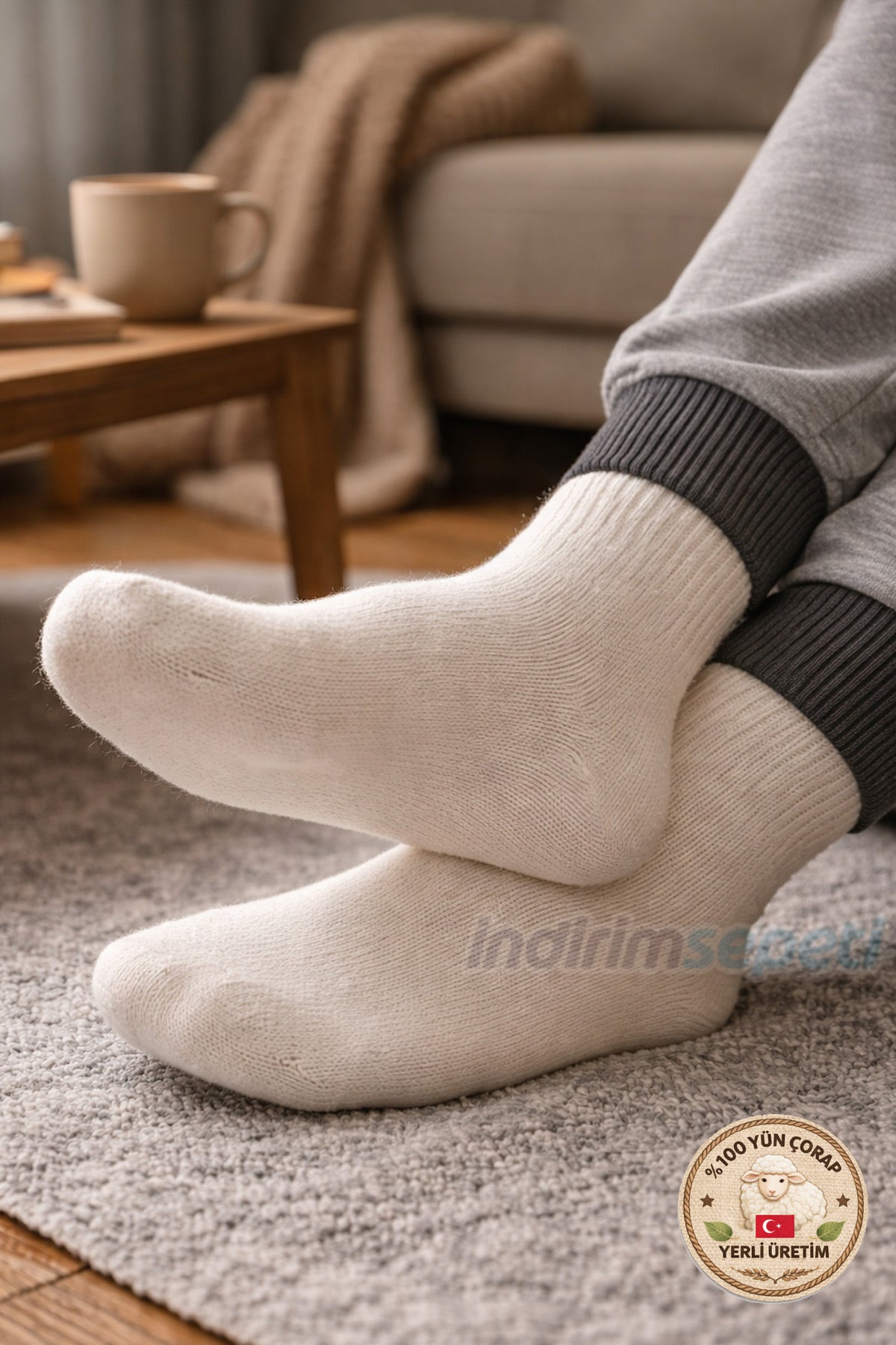 Erkek %100 Yün Kışlık Termal Çorap Krem Renk Orta Boy  38–43 Numara %100 Saf Yün  Ev Ofis Gezi ideal - Detay
