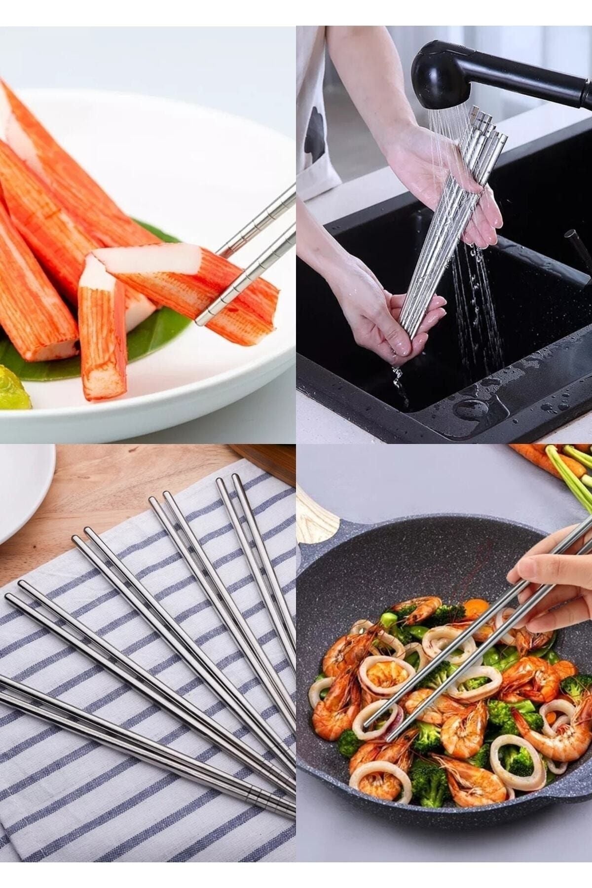 5 Çift Metal Chopstick Paslanmaz Çelik Çin Çubuğu Yemek Çubukları 10 Adet - Küçük Görsel 2