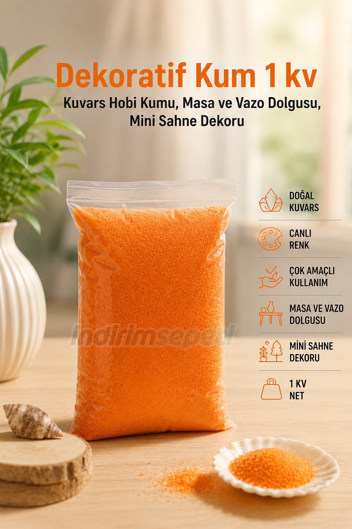 Turuncu Dekoratif Kuvars Kum 1 KG – Tozsuz, Toksik İçermez, İnce Taneli Hobi Kumu, Kum Boyama, Vazo Dolgusu, - Detay