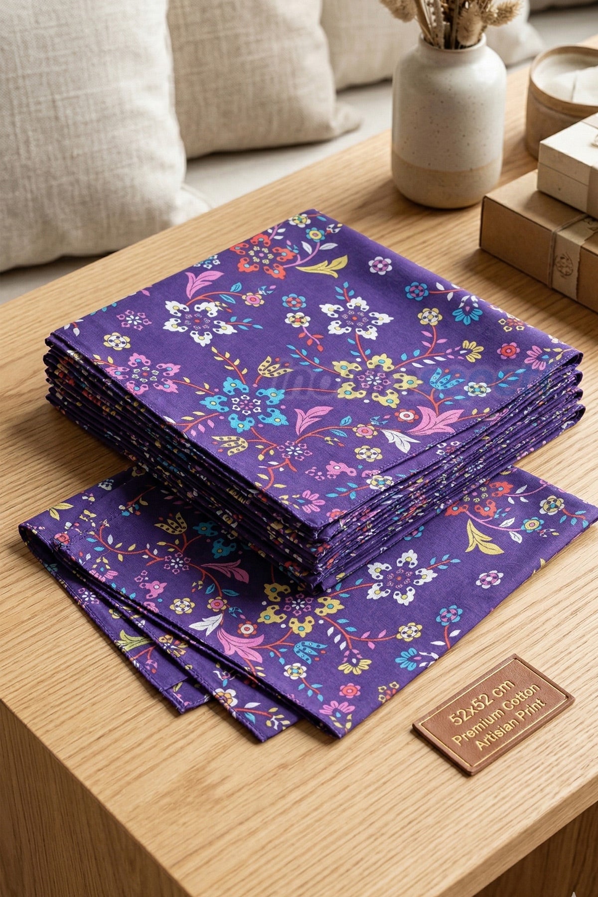 Mor Çiçek Desenli Pamuklu Bandana 52x52 cm – Çok Amaçlı Şık Fular & Saç Bandı Aksesuar
