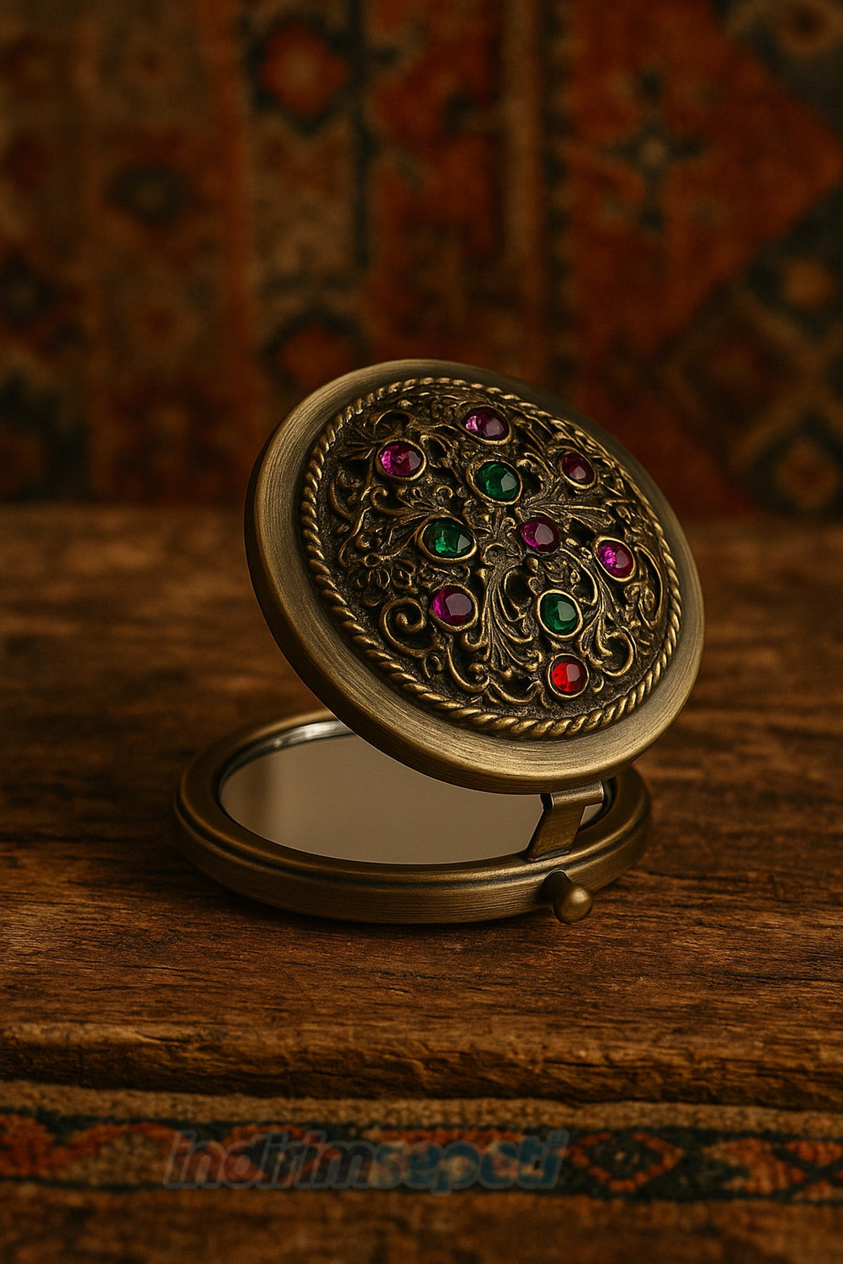 Makyaj Aynası Vintage İşlemeli Taşlı Metal Çift Taraflı Cep Aynası – Hediyelik Çanta İçi Taşınabilir Ayna - Detay