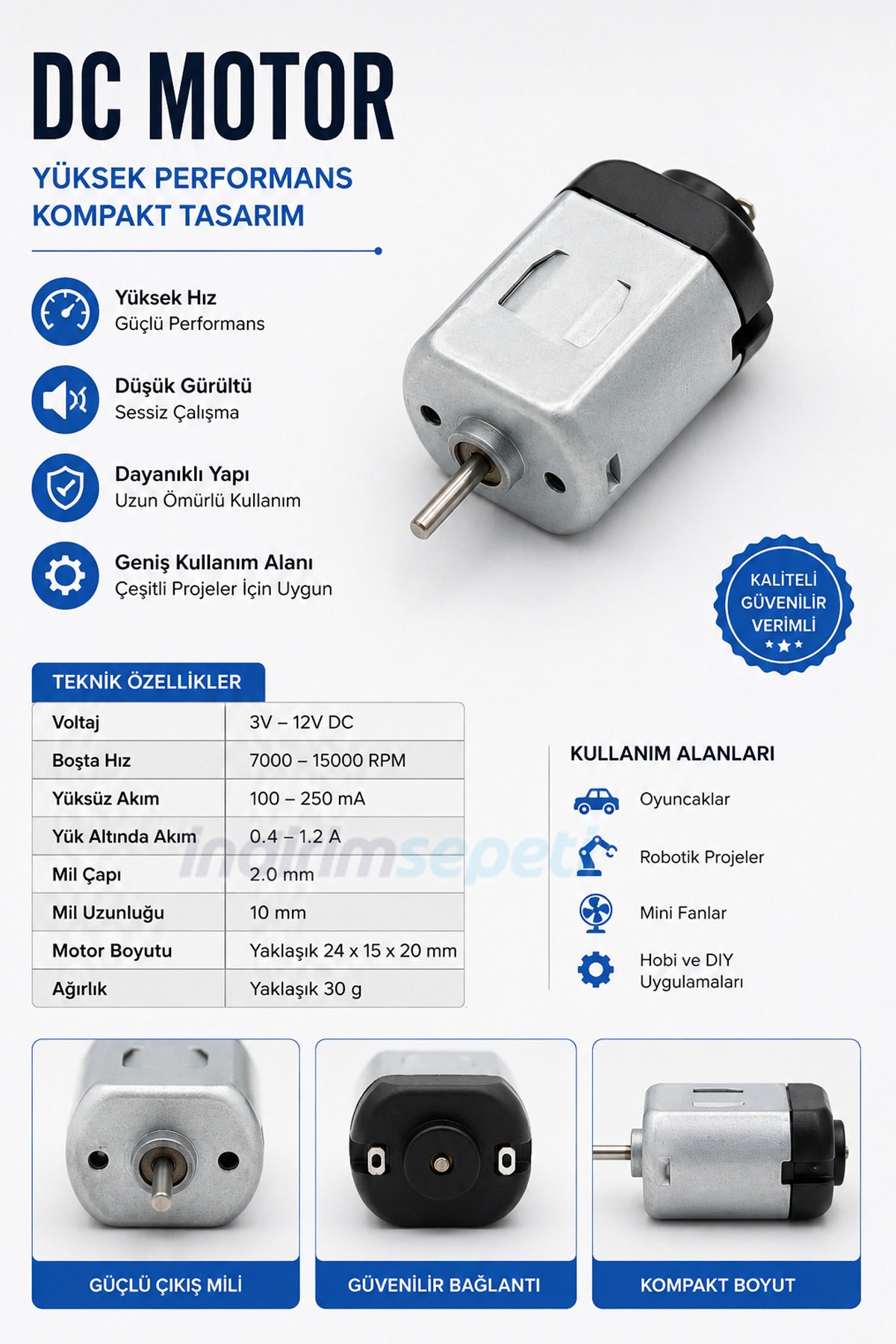DC Motor 3V-12V Mini Elektrik Motoru | Oyuncak, Robotik ve DIY Proje Motoru - Görsel 2