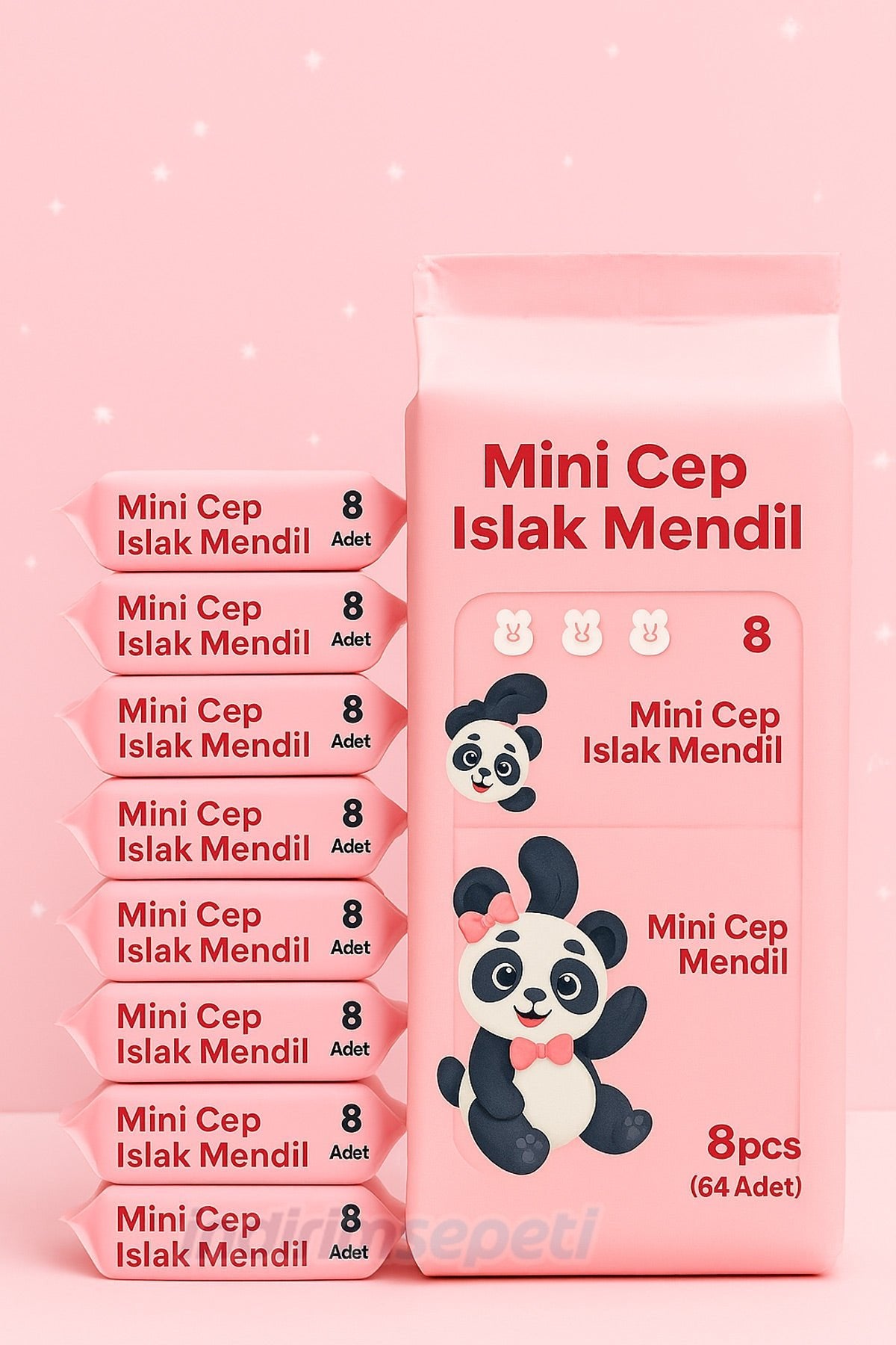 Mini Cep Islak Mendil 8’li Paket | Kokusuz, Panda Tasarım, Hijyenik Taşınabilir Mendil - Detay
