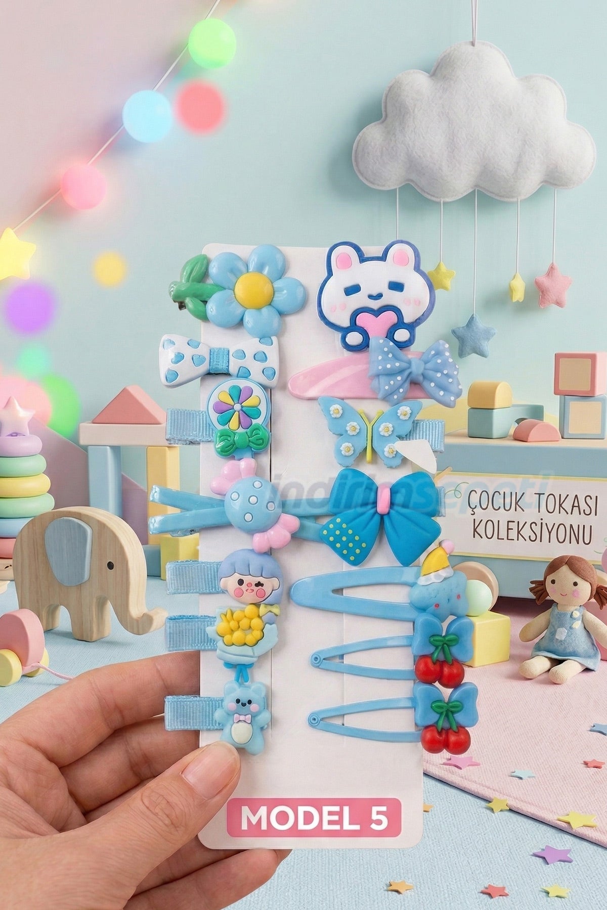 14 Parçalı Çocuk Toka Seti - Mavi Kelebek, Çift Kiraz, Lolipop ve Kalp Tutan Tavşan Figürlü Model 5