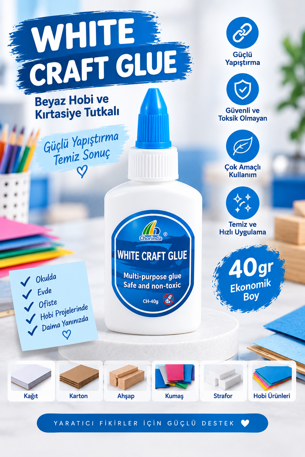 40 Gr Beyaz Hobi Tutkalı | Çok Amaçlı Okul Kırtasiye ve El İşi Yapıştırıcısı - Detay
