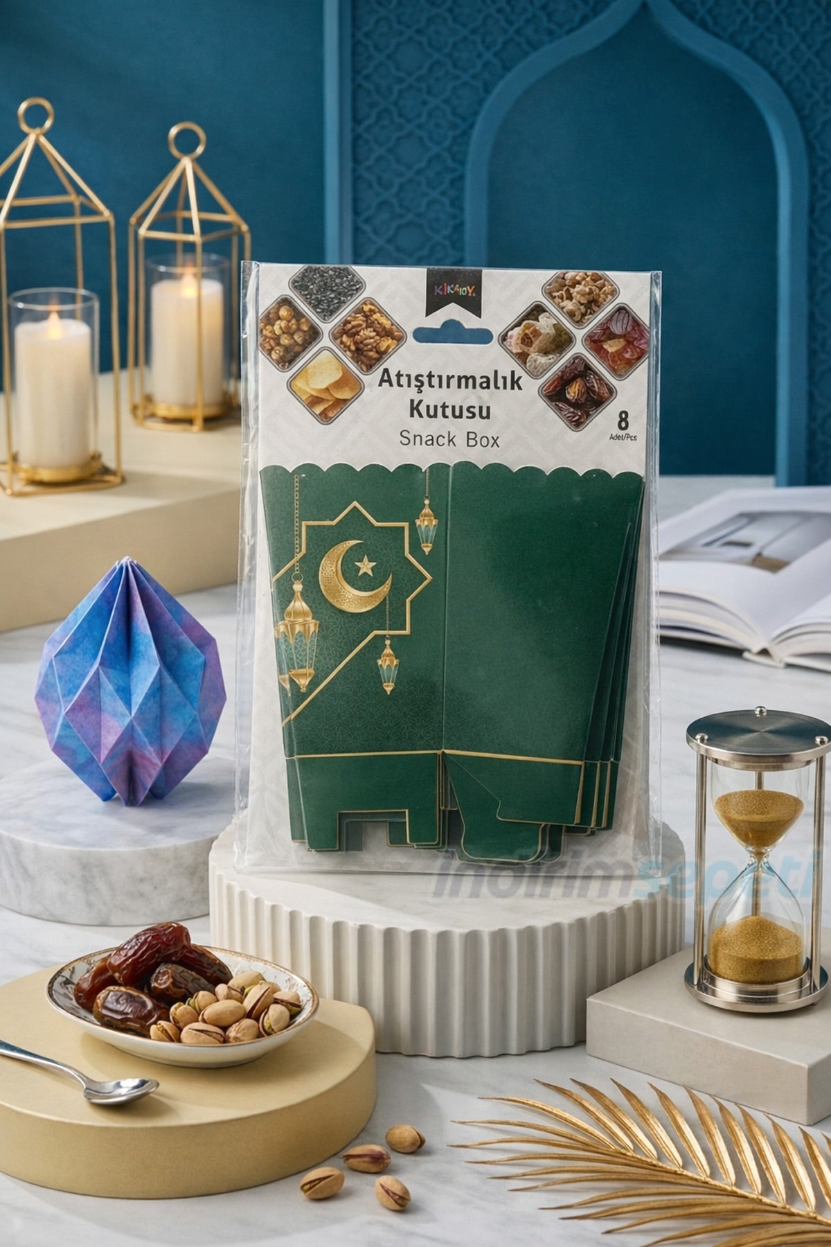 Ramazan Temalı 8’li Atıştırmalık Kutusu – Haki Yeşil Ay Yıldız Desenli Karton Snack Box Seti - Görsel 2