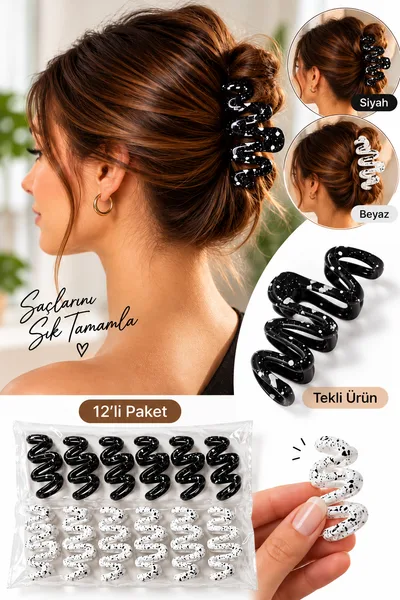 Siyah Beyaz Benekli Spiral Saç Tokası – Kadınlar İçin Dalgalı Tasarım Pençe Toka
