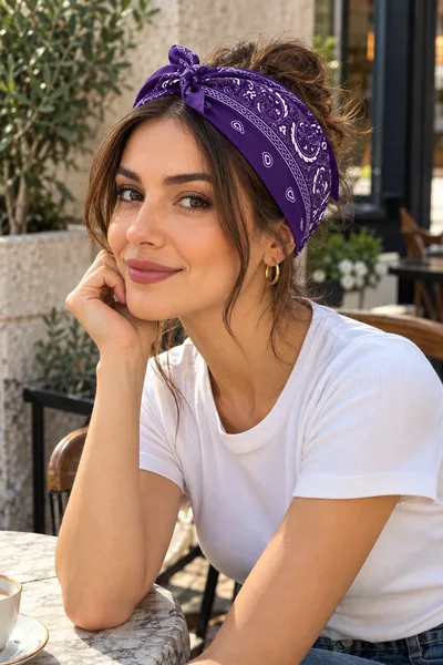 Mor Paisley Desenli %100 Pamuk Bandana | 50x50 cm Çok Amaçlı Saç Boyun Çanta Aksesuar