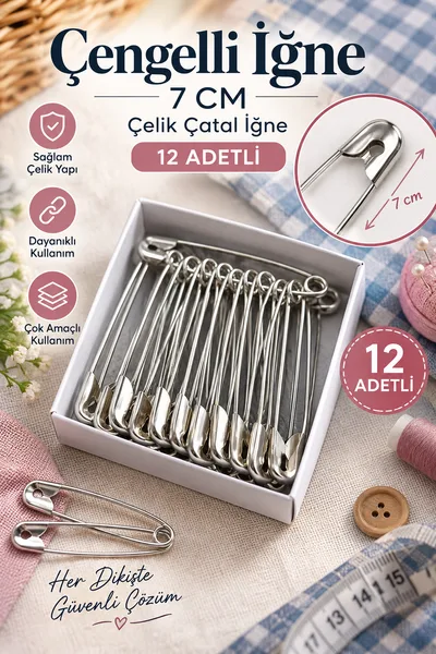 7 cm Büyük Çengelli İğne 12 Adet – Çelik Çatal İğne Dikiş ve Çok Amaçlı Kullanım