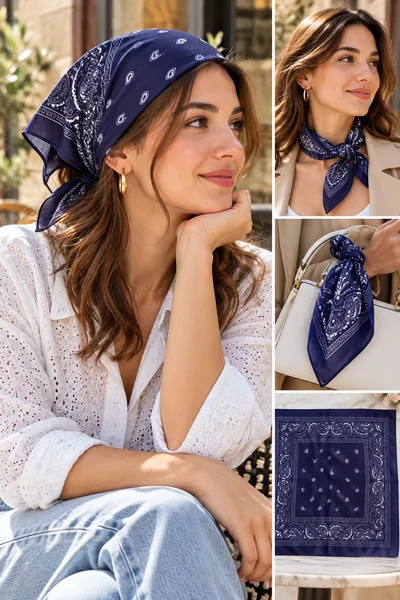 Lacivert Etnik Desenli Bandana – Kare Fular, Saç ve Boyun Aksesuarı