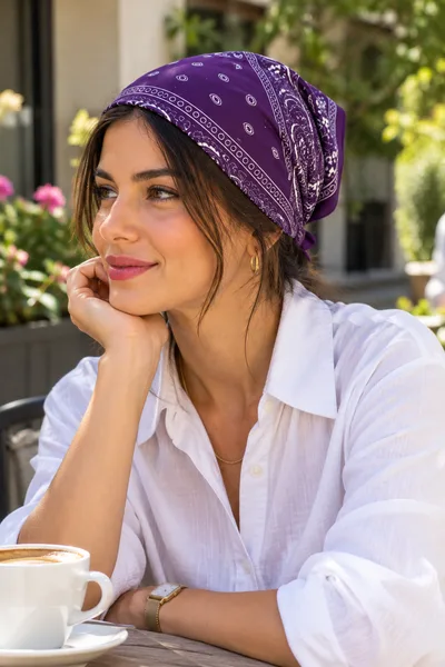 Mor Paisley Desenli %100 Pamuk Bandana | 50x50 cm Çok Amaçlı Saç Boyun Çanta Aksesuar - Görsel 2