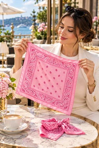 Koyu Pembe Paisley Desenli Bandana ve Fular – Saç, Boyun ve Çanta Aksesuarı - Görsel 2